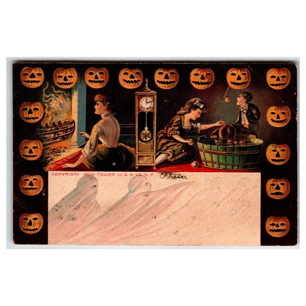 1906 Halloween Postcard Apple Bobbing Ghosts Jack O'Lanterns P Valizer Embossed